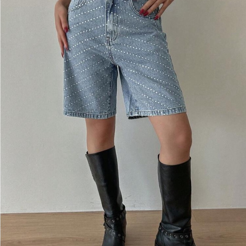 Light Blue Rhinestone Studded casual loose Jean Shorts